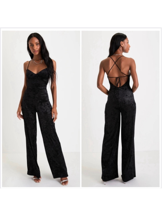 Lulus Pants - Lulus Certified Babe Black Glitter Velvet Strappy Back Jumpsuit XS